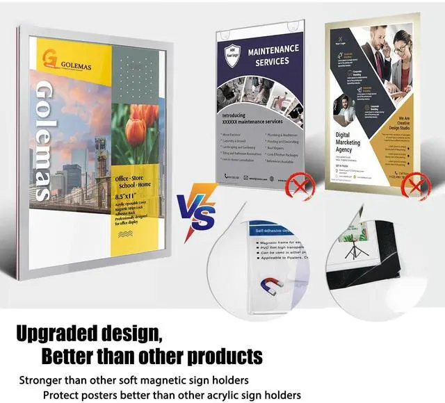 Alt view image 5 of 7 - Acrylic Magnetic Sign Holder, Easy-Opening 8.5 x 11 Wall Mount Display Frames, Self Adhesive Back Plastic Clear Document Frame, Horizontal & Vertical Display (Silver, 12Pack)