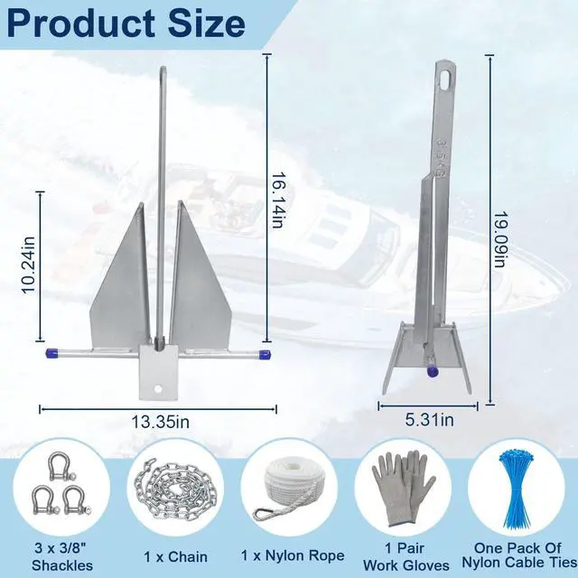 Alt view image 2 of 7 - 5/8/10/13 lb Galvanized Fluke Danforth Anchor Kit with Chain, Rope, Shackles & Non-Slip Gloves, Heavy Duty Boat Anchor for Pontoon, Dinghy, Fishing Boats, Bass Boats, Sport Boats & Yachts