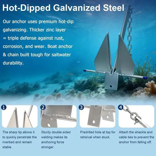 Alt view image 3 of 7 - 5/8/10/13 lb Galvanized Fluke Danforth Anchor Kit with Chain, Rope, Shackles & Non-Slip Gloves, Heavy Duty Boat Anchor for Pontoon, Dinghy, Fishing Boats, Bass Boats, Sport Boats & Yachts
