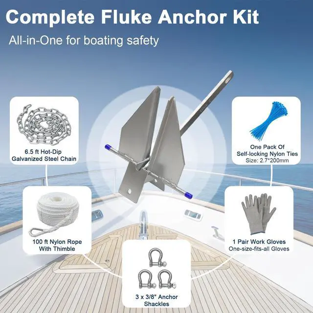Alt view image 5 of 7 - 5/8/10/13 lb Galvanized Fluke Danforth Anchor Kit with Chain, Rope, Shackles & Non-Slip Gloves, Heavy Duty Boat Anchor for Pontoon, Dinghy, Fishing Boats, Bass Boats, Sport Boats & Yachts