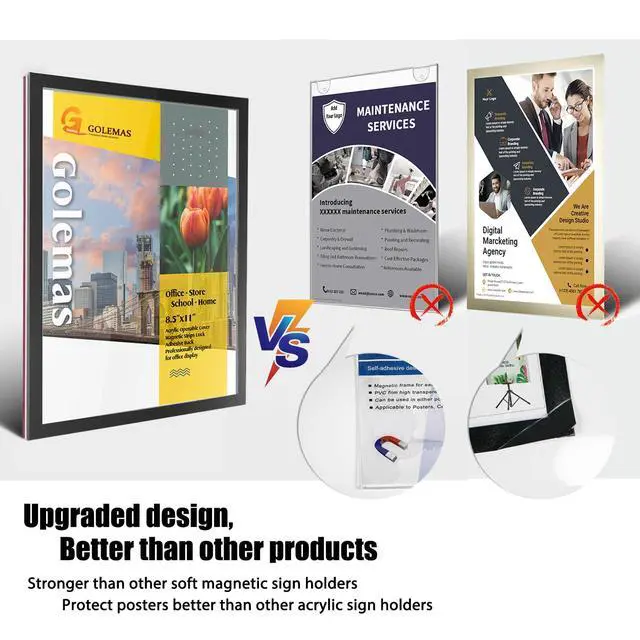 Alt view image 5 of 7 - Acrylic Magnetic Sign Holder, Easy-Opening 8.5 x 11 Wall Mount Display Frames, Self Adhesive Back Plastic Clear Document Frame, Horizontal & Vertical Display (Black, 12Pack)