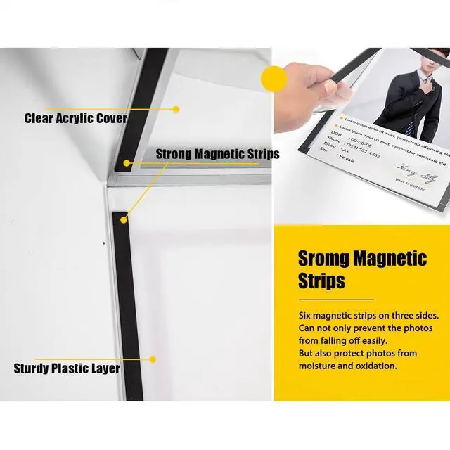 Alt view image 4 of 7 - Acrylic Magnetic Sign Holder, Easy-Opening 8.5 x 11 Wall Mount Display Frames, Self Adhesive Back Plastic Clear Document Frame, Horizontal & Vertical Display (Silver, 12Pack)