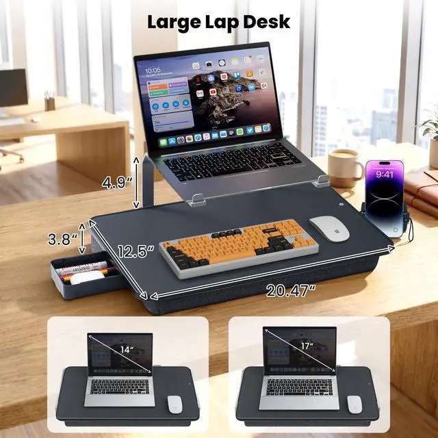 Alt view image 2 of 7 - Large Lap Desk for Laptop with Phone Holder, Elevated Laptop Stand for Bed, FIts up to 17" Laptops & MacBook, Lightweight Lap Desks for Adults with Comfortable Cushion for Bed & Couch, Black