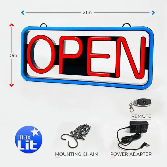 Alt view image 2 of 6 - 21'' X 10'' New Ultra Bright LED Neon Sign - OPEN - Remote Controlled - Energy Efficient & Durable (Blue/Red)