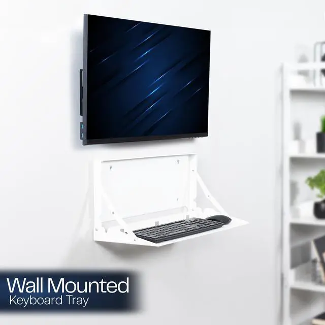 Alt view image 2 of 7 - White Flip Down 24 Inch Keyboard Tray Wall Mount, MOUNT-FDKB1-W | Fits Standard Size Keyboards and Mice, Fold Down Typing Platform, Space Saving Design, Mouse Pad Included