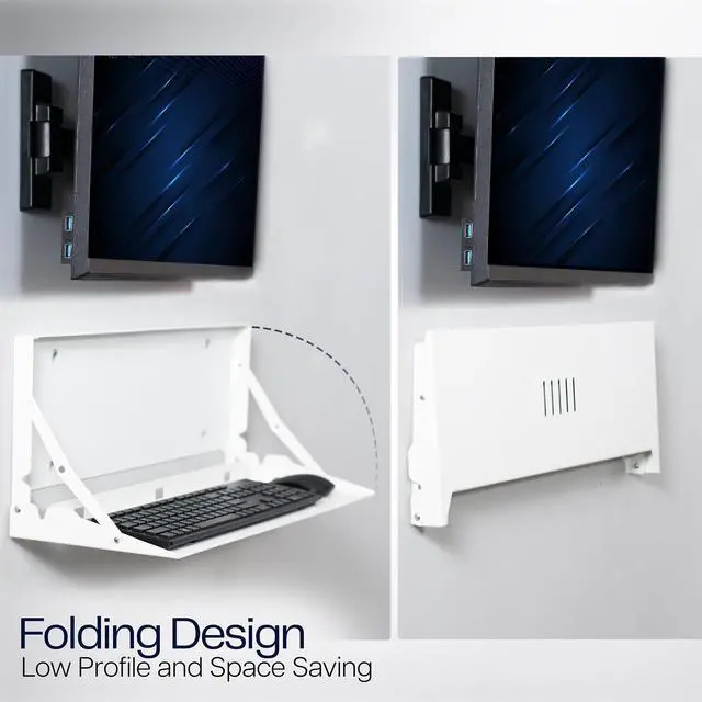 Alt view image 4 of 7 - White Flip Down 24 Inch Keyboard Tray Wall Mount, MOUNT-FDKB1-W | Fits Standard Size Keyboards and Mice, Fold Down Typing Platform, Space Saving Design, Mouse Pad Included
