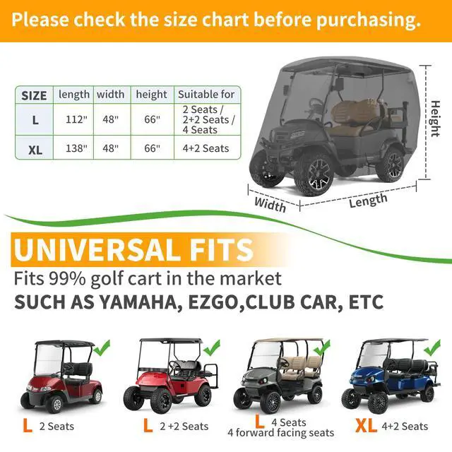 Alt view image 7 of 7 - 2/4/4+2 Passenger Golf Cart Cover Upgrade Extended Roof, 600D Waterproof Snowproof Windproof Sunproof Durable Full Golf Cart Covers for Yamaha,EZGO,Club Car and Other