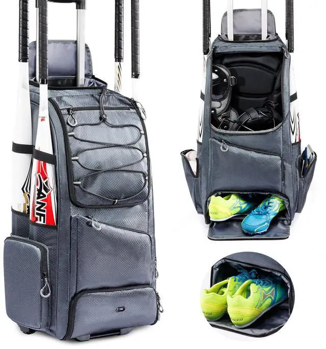 Main image of Large Rolling Baseball Catchers Gear Bag with Wheels, Softball Bag with Hard Backing for 4 Bats,Equipment Bag with Separate Shoe & Helmet Compartments, Youth Baseball Bag with 360° Spinner Wheels