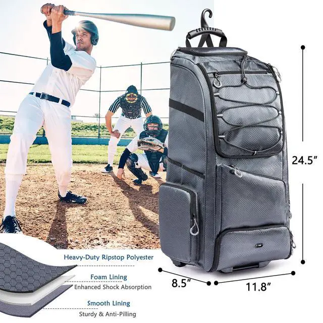 Alt view image 2 of 6 - Large Rolling Baseball Catchers Gear Bag with Wheels, Softball Bag with Hard Backing for 4 Bats,Equipment Bag with Separate Shoe & Helmet Compartments, Youth Baseball Bag with 360° Spinner Wheels
