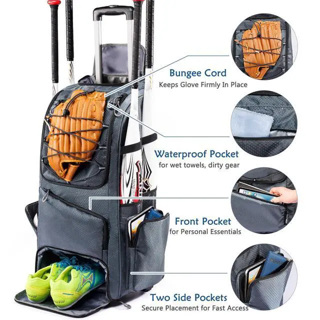 Alt view image 4 of 6 - Large Rolling Baseball Catchers Gear Bag with Wheels, Softball Bag with Hard Backing for 4 Bats,Equipment Bag with Separate Shoe & Helmet Compartments, Youth Baseball Bag with 360° Spinner Wheels
