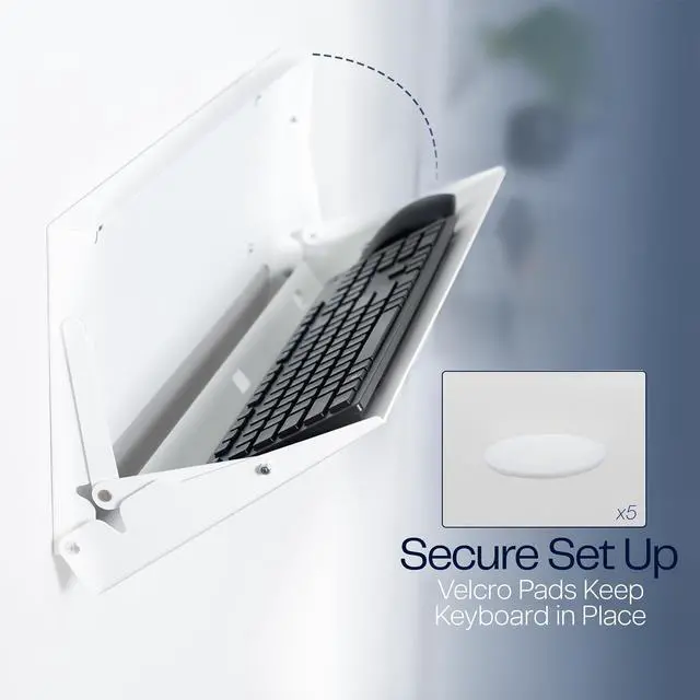Alt view image 5 of 7 - White Flip Down 24 Inch Keyboard Tray Wall Mount, MOUNT-FDKB1-W | Fits Standard Size Keyboards and Mice, Fold Down Typing Platform, Space Saving Design, Mouse Pad Included