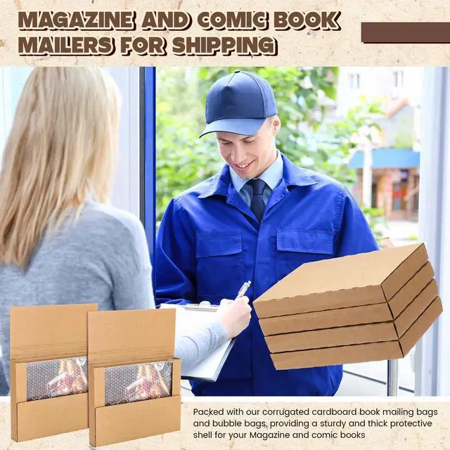 Alt view image 6 of 6 - 100 Pack Corrugated Comic Book Mailers 7.8 x 11 x 1.2 Inch with 100 Bubble Bags, Comic Book Shipping Box Fold Cardboard Photo Box for Mailing Packaging, Height Adjustable (Brown)