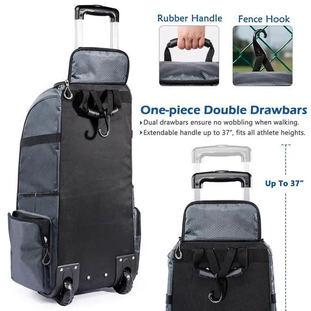 Alt view image 5 of 6 - Large Rolling Baseball Catchers Gear Bag with Wheels, Softball Bag with Hard Backing for 4 Bats,Equipment Bag with Separate Shoe & Helmet Compartments, Youth Baseball Bag with 360° Spinner Wheels