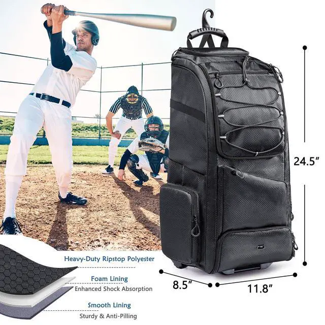 Alt view image 2 of 6 - Large Rolling Baseball Catchers Gear Bag with Wheels, Softball Bag with Hard Backing for 4 Bats,Equipment Bag with Separate Shoe & Helmet Compartments, Youth Baseball Bag with 360° Spinner Wheels