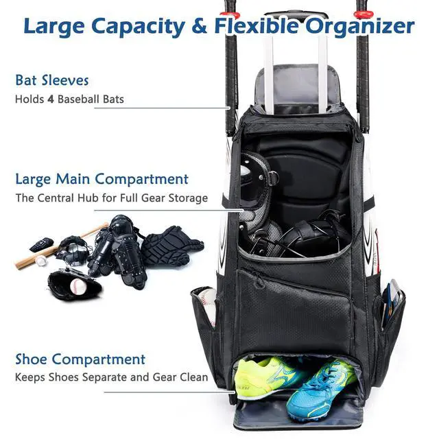 Alt view image 3 of 6 - Large Rolling Baseball Catchers Gear Bag with Wheels, Softball Bag with Hard Backing for 4 Bats,Equipment Bag with Separate Shoe & Helmet Compartments, Youth Baseball Bag with 360° Spinner Wheels