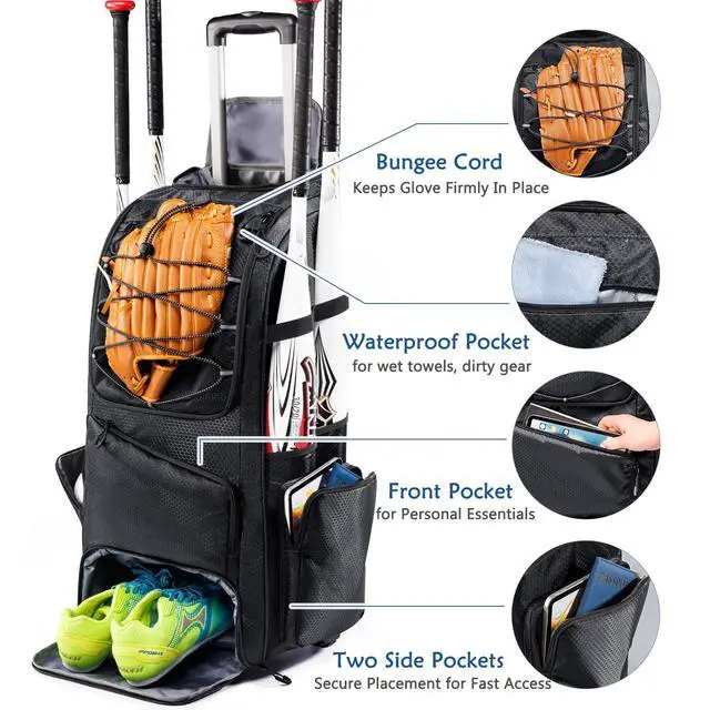 Alt view image 4 of 6 - Large Rolling Baseball Catchers Gear Bag with Wheels, Softball Bag with Hard Backing for 4 Bats,Equipment Bag with Separate Shoe & Helmet Compartments, Youth Baseball Bag with 360° Spinner Wheels