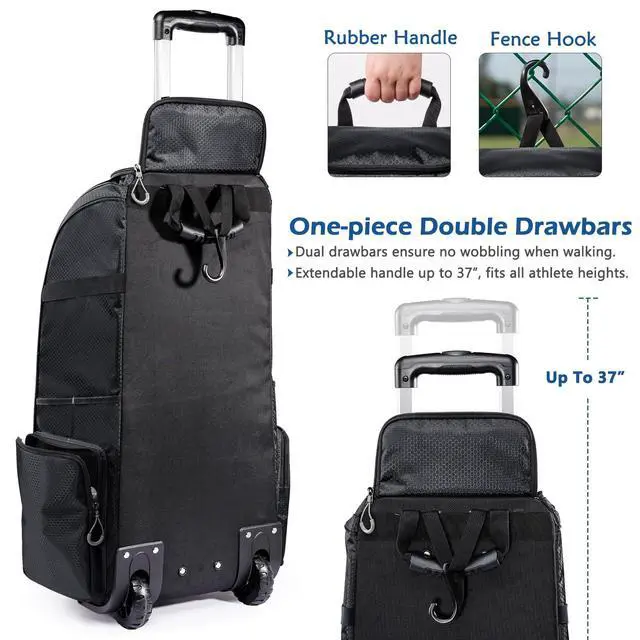 Alt view image 5 of 6 - Large Rolling Baseball Catchers Gear Bag with Wheels, Softball Bag with Hard Backing for 4 Bats,Equipment Bag with Separate Shoe & Helmet Compartments, Youth Baseball Bag with 360° Spinner Wheels