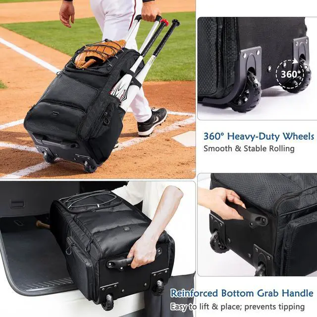 Alt view image 6 of 6 - Large Rolling Baseball Catchers Gear Bag with Wheels, Softball Bag with Hard Backing for 4 Bats,Equipment Bag with Separate Shoe & Helmet Compartments, Youth Baseball Bag with 360° Spinner Wheels