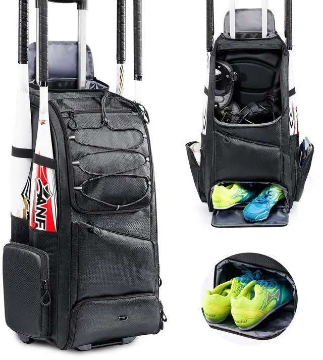 Main image of Large Rolling Baseball Catchers Gear Bag with Wheels, Softball Bag with Hard Backing for 4 Bats,Equipment Bag with Separate Shoe & Helmet Compartments, Youth Baseball Bag with 360° Spinner Wheels