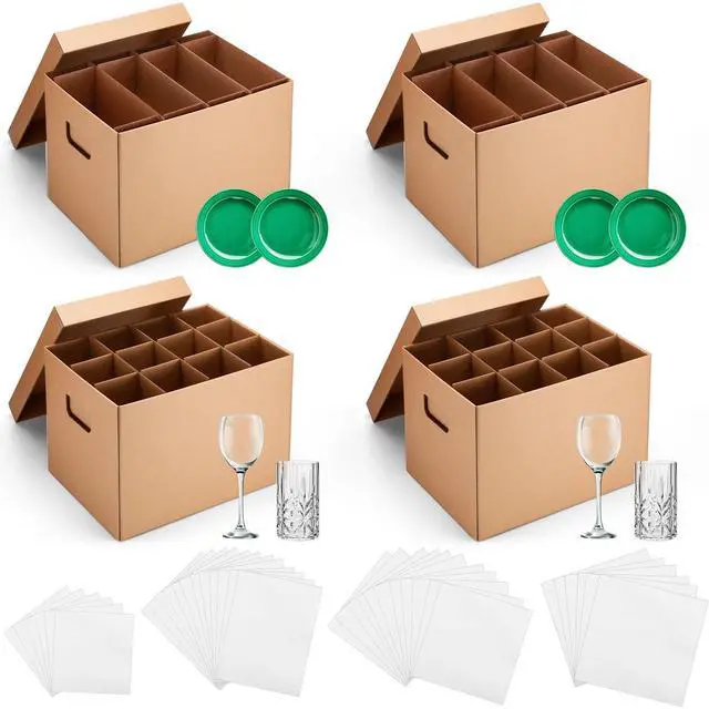 Main image of 6 Sets Kitchen Moving Boxes with Divider Kits for Dish Glassware Wine Glass Packing with Handle Included Cup and Plate Box, Corrugate Dividers, Foam Pouches (15 x 12 x 10 Inch)