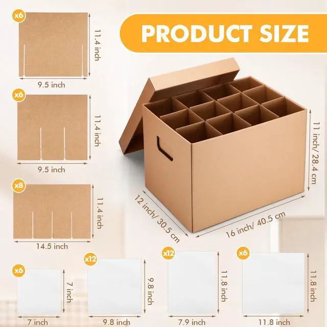 Alt view image 2 of 6 - 6 Sets Kitchen Moving Boxes with Divider Kits for Dish Glassware Wine Glass Packing with Handle Included Cup and Plate Box, Corrugate Dividers, Foam Pouches (15 x 12 x 10 Inch)