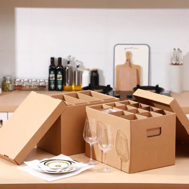 Alt view image 3 of 6 - 6 Sets Kitchen Moving Boxes with Divider Kits for Dish Glassware Wine Glass Packing with Handle Included Cup and Plate Box, Corrugate Dividers, Foam Pouches (15 x 12 x 10 Inch)