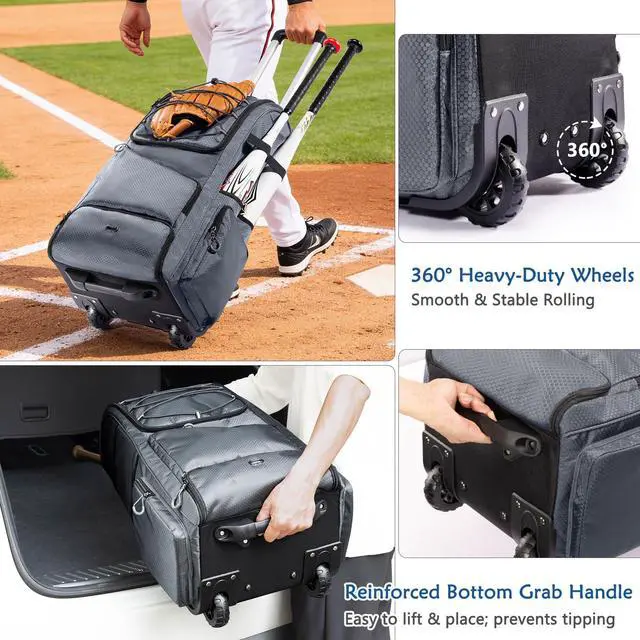 Alt view image 6 of 6 - Large Rolling Baseball Catchers Gear Bag with Wheels, Softball Bag with Hard Backing for 4 Bats,Equipment Bag with Separate Shoe & Helmet Compartments, Youth Baseball Bag with 360° Spinner Wheels