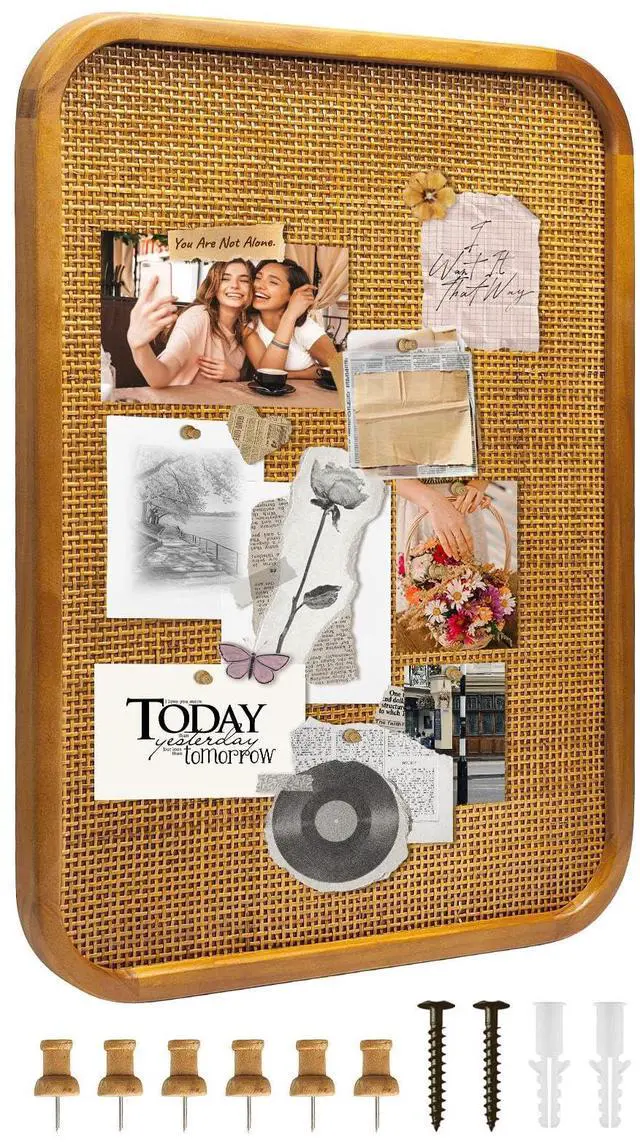 Main image of 20" x 30" Bulletin Board, Round-Edged Rectangle Rattan Corkboard, Wooden Frame Boho Style Wall Organizer,5075Teng