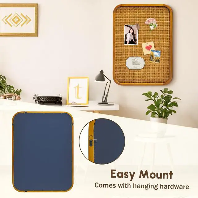 Alt view image 5 of 7 - 20" x 30" Bulletin Board, Round-Edged Rectangle Rattan Corkboard, Wooden Frame Boho Style Wall Organizer,5075Teng