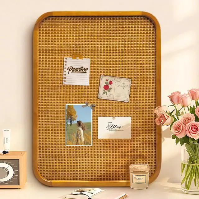 Alt view image 7 of 7 - 20" x 30" Bulletin Board, Round-Edged Rectangle Rattan Corkboard, Wooden Frame Boho Style Wall Organizer,5075Teng