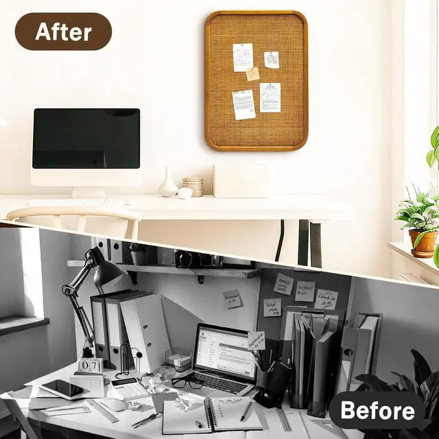 Alt view image 6 of 7 - 20" x 30" Bulletin Board, Round-Edged Rectangle Rattan Corkboard, Wooden Frame Boho Style Wall Organizer,5075Teng