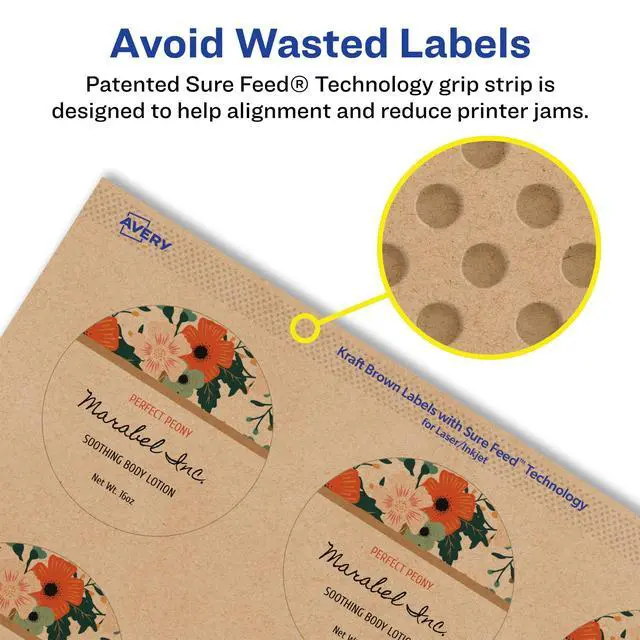 Alt view image 4 of 6 - Kraft Brown Round Labels, Sure Feed Technology, 2" Diameter, 1,200 Kraft Brown Labels, Print-to-The-Edge, Laser/Inkjet Printable