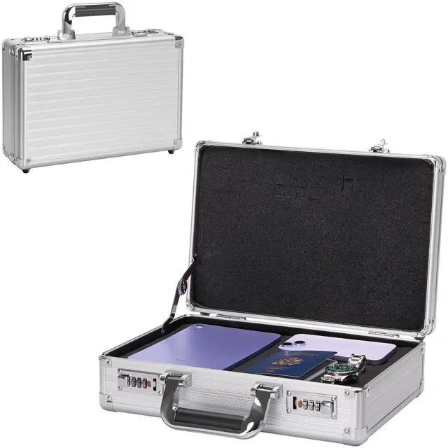 Alt view image 2 of 7 - Security Lock Boxes - 14.2 x 9.4 x 4.5 Inch Medium, Portable Locking Storage Totes with Dual Combination Locks, Medicine Lock Box, Lock Boxes for Personal Items, Cash & Briefcase - Silver