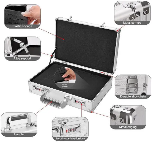 Alt view image 6 of 7 - Security Lock Boxes - 14.2 x 9.4 x 4.5 Inch Medium, Portable Locking Storage Totes with Dual Combination Locks, Medicine Lock Box, Lock Boxes for Personal Items, Cash & Briefcase - Silver