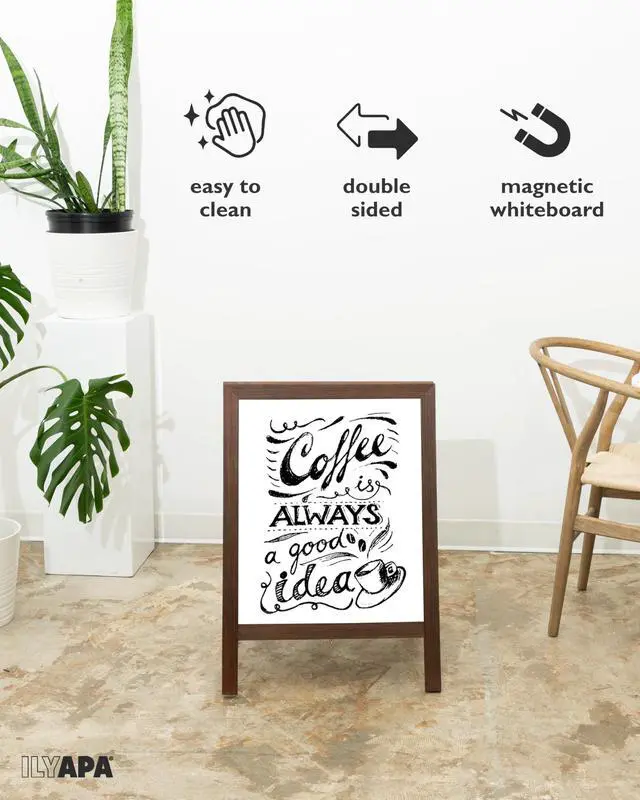 Alt view image 3 of 6 - A Frame Whiteboard Easel Sign 31x20 in - Sandwich Signs Outdoor | Solid Wood A Frame Whiteboard Sign, Magnetic Double-Sided Dry Erase, Brown