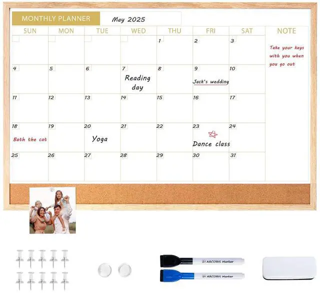 Main image of Calendar Whiteboard with Cork Board, 36"x24" Wood Frame Dry Erase Calendar for Wall, Magnetic Monthly Combination Board for Home, Office, School, Kitchen, Beige