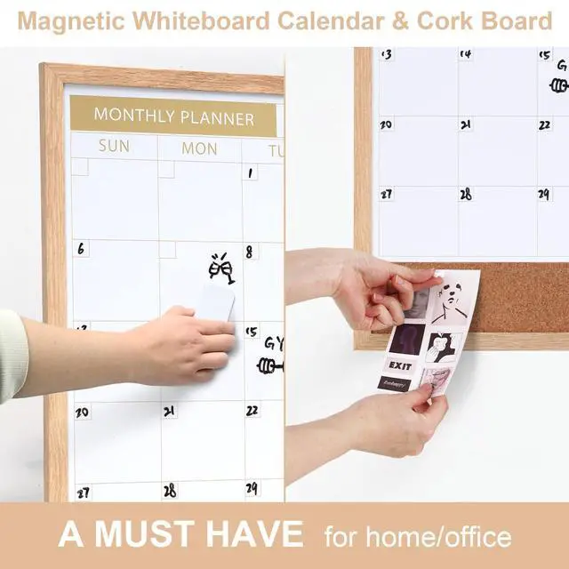 Alt view image 2 of 7 - Calendar Whiteboard with Cork Board, 36"x24" Wood Frame Dry Erase Calendar for Wall, Magnetic Monthly Combination Board for Home, Office, School, Kitchen, Beige