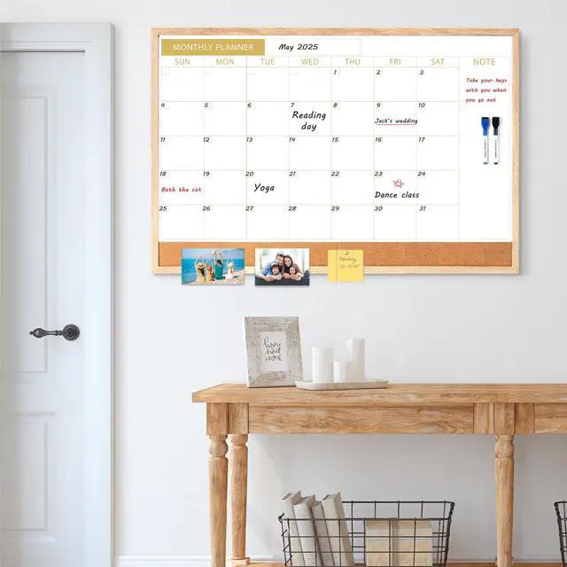Alt view image 3 of 7 - Calendar Whiteboard with Cork Board, 36"x24" Wood Frame Dry Erase Calendar for Wall, Magnetic Monthly Combination Board for Home, Office, School, Kitchen, Beige