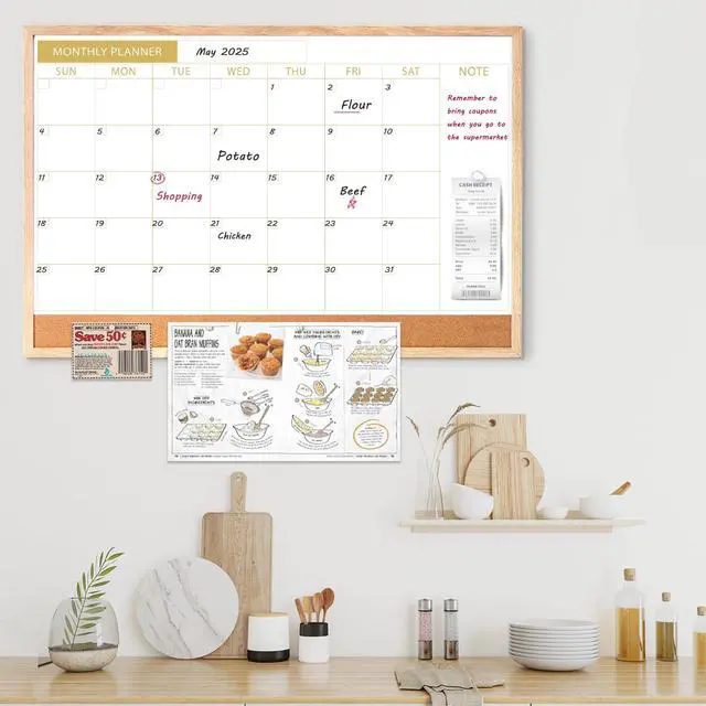 Alt view image 6 of 7 - Calendar Whiteboard with Cork Board, 36"x24" Wood Frame Dry Erase Calendar for Wall, Magnetic Monthly Combination Board for Home, Office, School, Kitchen, Beige