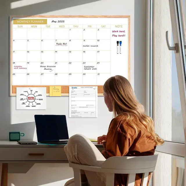 Alt view image 7 of 7 - Calendar Whiteboard with Cork Board, 36"x24" Wood Frame Dry Erase Calendar for Wall, Magnetic Monthly Combination Board for Home, Office, School, Kitchen, Beige