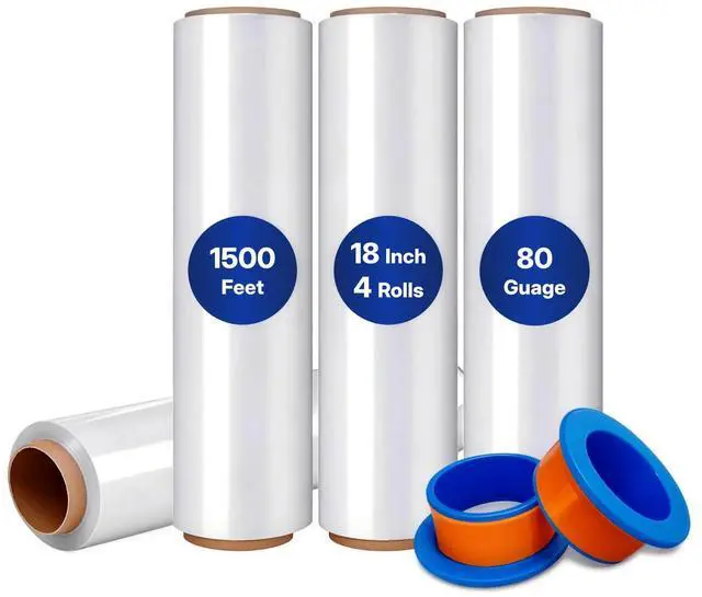 Main image of Pallet wrap Stretch Film - Industrial Strength up to 800% Stretch 20 Microns Clear Durable Adhering Packing Moving Heavy Duty Shrink Film Box of 4 (80 Gauge with Handle, 18'' x 1500')