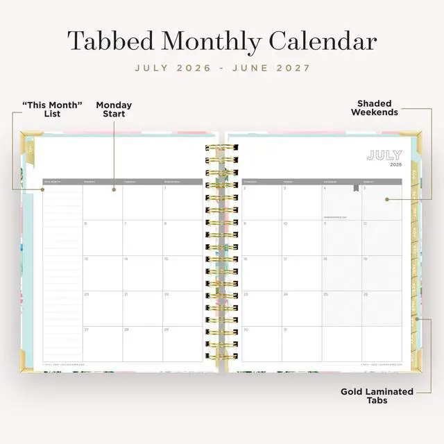 Alt view image 4 of 7 - 2026-2027 Daily Academic Planner, 7.4"x9.5", Capri | July 2026 - June 2027, Glossy Laminated Cover, Wirebound, Laminated Tabs, Storage Pocket, Stickers & Snap-In Ruler