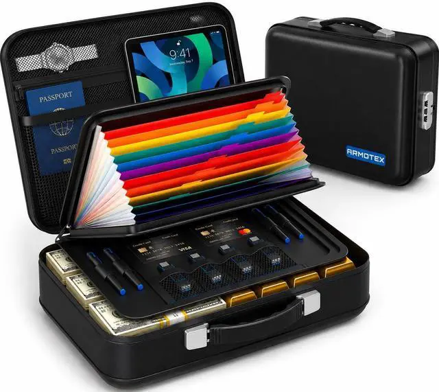 Main image of Fireproof Waterproof Document Box with Combination Lock Hard Shell Fire Safe File Organizer for Important Documents, Certificates, Passports, Laptops & Valuables (Black, 5200°F Rated)