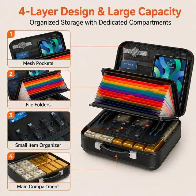 Alt view image 4 of 6 - Fireproof Waterproof Document Box with Combination Lock Hard Shell Fire Safe File Organizer for Important Documents, Certificates, Passports, Laptops & Valuables (Black, 5200°F Rated)