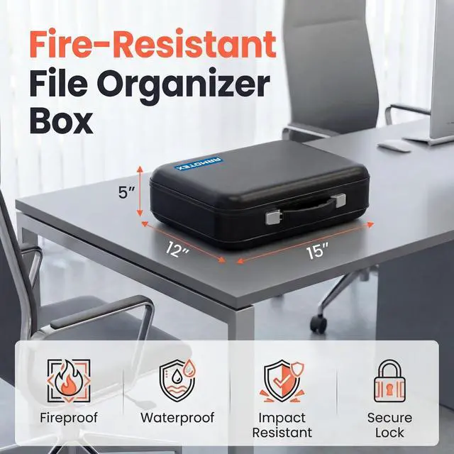 Alt view image 2 of 6 - Fireproof Waterproof Document Box with Combination Lock Hard Shell Fire Safe File Organizer for Important Documents, Certificates, Passports, Laptops & Valuables (Black, 5200°F Rated)