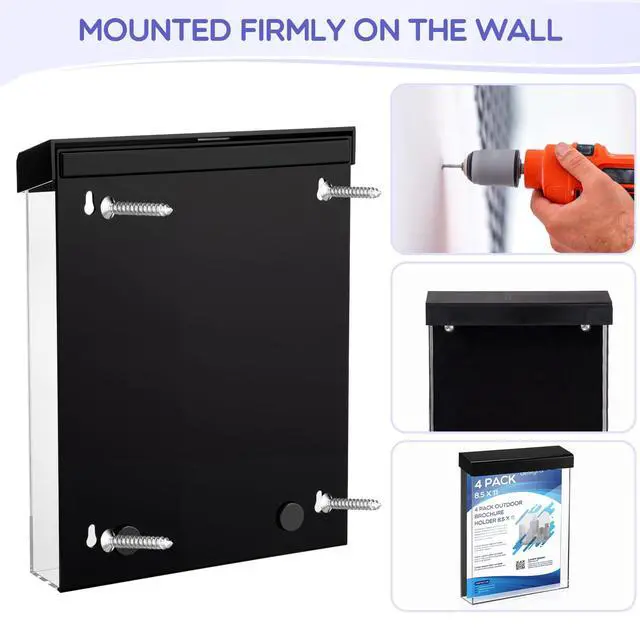 Alt view image 4 of 7 - 4 Pcs Outdoor Brochure Holder 8.5 x 11 Inch Waterproof Acrylic Wall Mount Literature Box Dispenser with Lid, Clear Real Estate Brochure Box Holder for Document Pamphlet Display (Black)