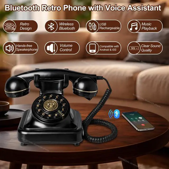 Alt view image 2 of 7 - Bluetooth Retro Phone Landline Telephone,Bluetooth Home Phone with Speakerphone,Voice Assistant, Volume Control,Music Playback,USB Rechargeable,Hands-Free Calling for Bedroom, Home