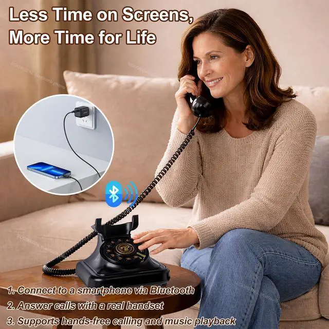 Alt view image 3 of 7 - Bluetooth Retro Phone Landline Telephone,Bluetooth Home Phone with Speakerphone,Voice Assistant, Volume Control,Music Playback,USB Rechargeable,Hands-Free Calling for Bedroom, Home