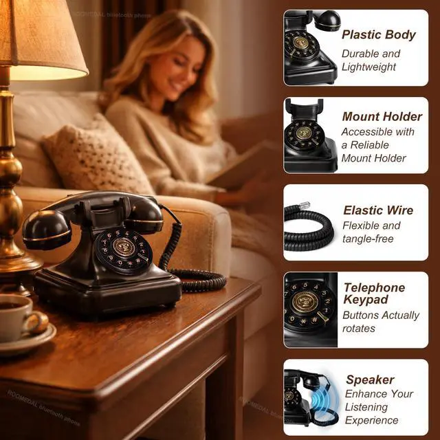 Alt view image 5 of 7 - Bluetooth Retro Phone Landline Telephone,Bluetooth Home Phone with Speakerphone,Voice Assistant, Volume Control,Music Playback,USB Rechargeable,Hands-Free Calling for Bedroom, Home