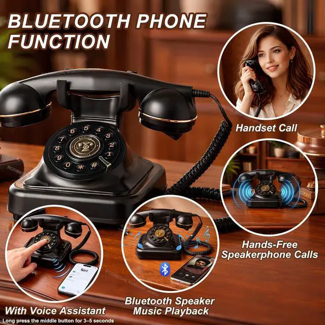 Alt view image 6 of 7 - Bluetooth Retro Phone Landline Telephone,Bluetooth Home Phone with Speakerphone,Voice Assistant, Volume Control,Music Playback,USB Rechargeable,Hands-Free Calling for Bedroom, Home